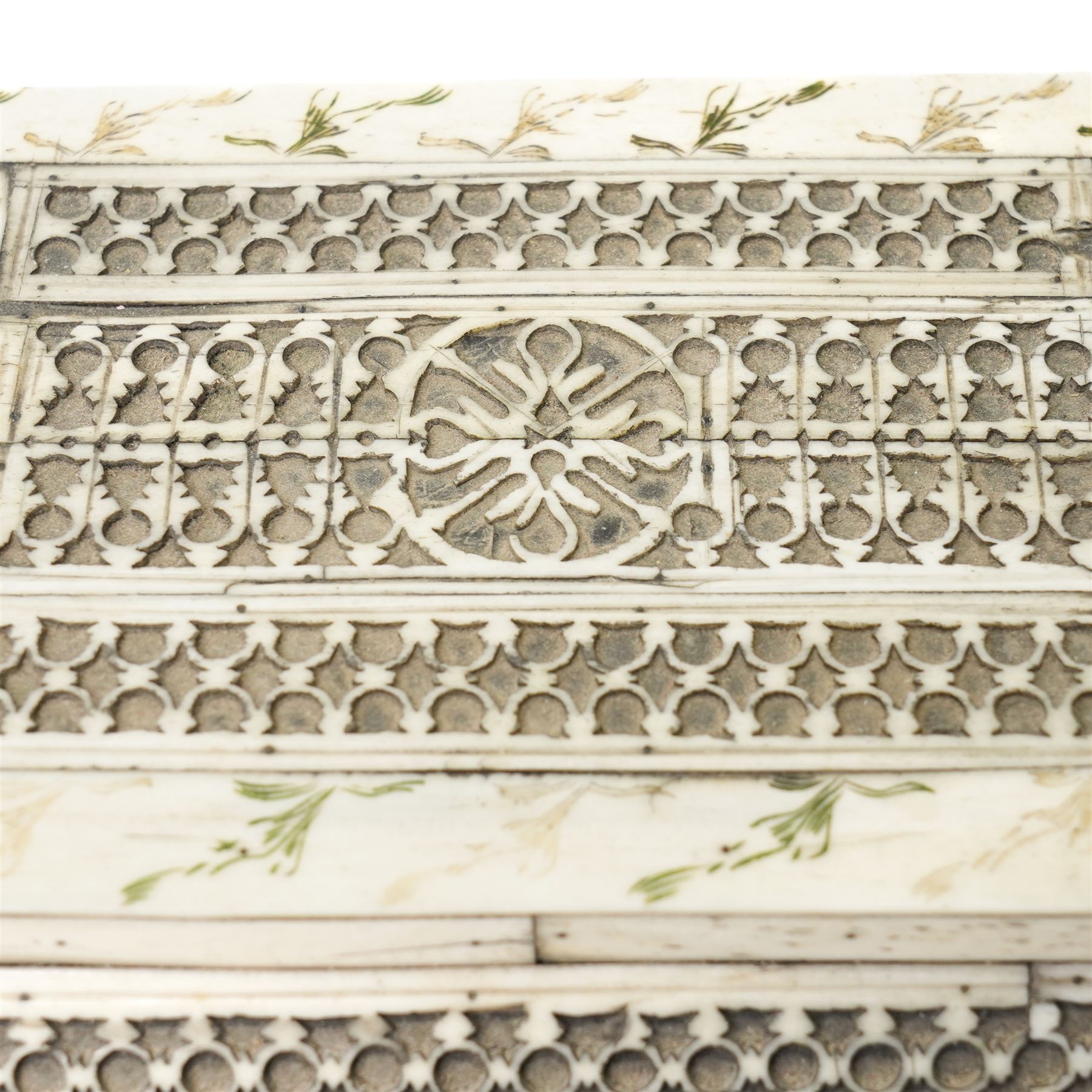 Early 19th-century French Napoleonic Prisoner of War bone workbox, decorated with repeating pierced classical decoration within borders of sgraffito foliate motifs, H13cm x W22cm x D15cm