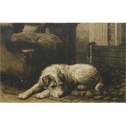 Herbert Thomas Dicksee (British 1862-1942): 'Where’s Master?', first edition artist's proof drypoint etching on vellum signed in pencil pub. Frost & Reed 1911, 39cm x 57cm
Notes: This etching depicts  King Edward VII’s favourite dog, Caesar; hence the etched tag in the margin inscribed 'I Belong to the King'. The Wire Fox Terrier waits for his master following the King’s death in 1910. 