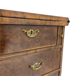 20th century Georgian style figured walnut bachelor's chest, crossbanded and moulded fold-over top, fitted with two short and three long drawers, on bracket feet
