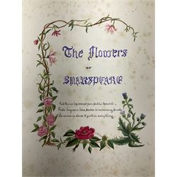 Collection  of 'the Flowers of Sheakspeare' bound in a book, approximately twenty nine studies in watercolour, each work detailing the act the flower is mentioned, together with the tapestry book by Candee. 