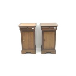Grange - Pair French cherry wood bedside cabinets, single frieze drawer above cupboard door, shaped plinth base 