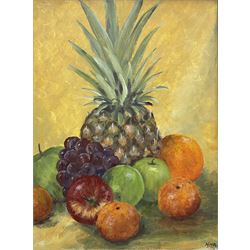 Nina Pickup (British 1947-): Still Life of Pineapple and Fruit, oil on board signed 40cm x 30cm