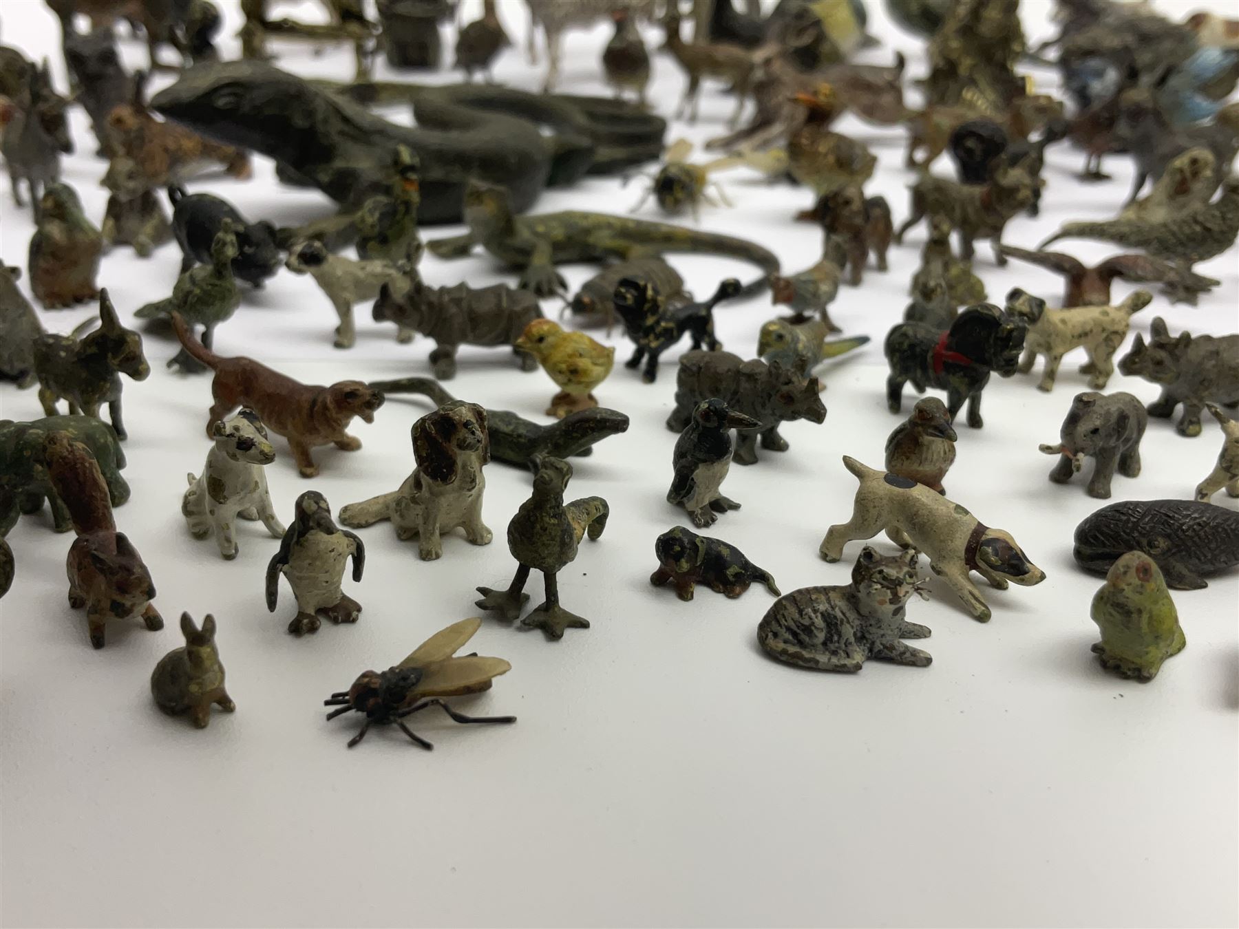 Collection of miniature cold painted bronze and similar animals, to include birds, sheep, horses etc 