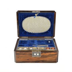 Victorian coromandel sewing box, with mother of pearl escutcheon and cartouche engraved 'A...