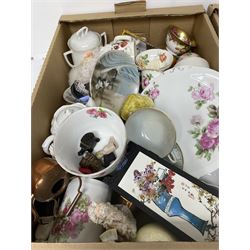 Royal Worcester tea cup and saucer, Royal Doulton Christmas Day 2001 figure and a collection of other ceramics, glassware and collectables, in five boxes 