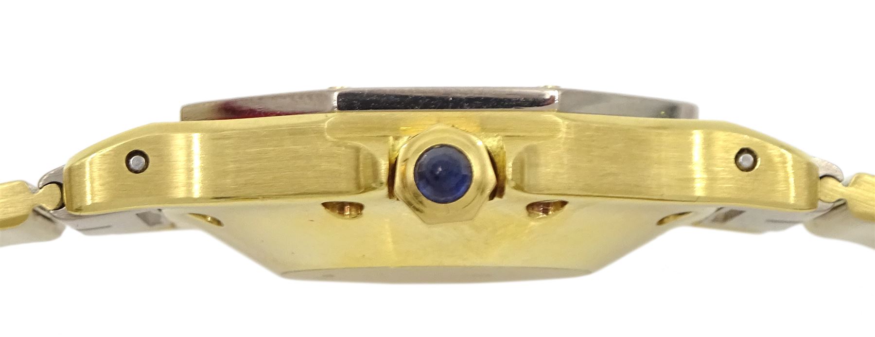 Cartier Santos ladies 18ct white and yellow gold automatic wristwatch, hexagonal case, white dial with date aperture and sapphire crown, on 18ct gold bracelet, hallmarked, with gold-over clasp, with red pouch