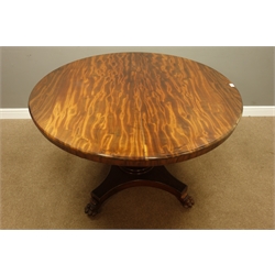  19th century and later mahogany dining table, fixed circular figured top on turned column, platform base with carved paw feet, ceramic castors, D131cm, H77cm  