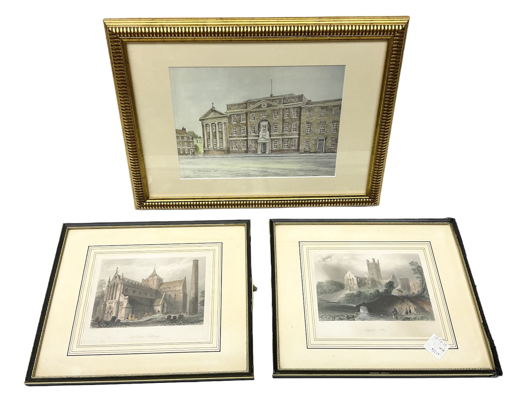 After William Henry Bartlett (British 1809-1854): 'St Canice Kilkenny' and 'Jerpoint Abbey' Ireland, pair engravings with hand colouring together with a print of the Bar Convent York max 21cm x 29cm (3)