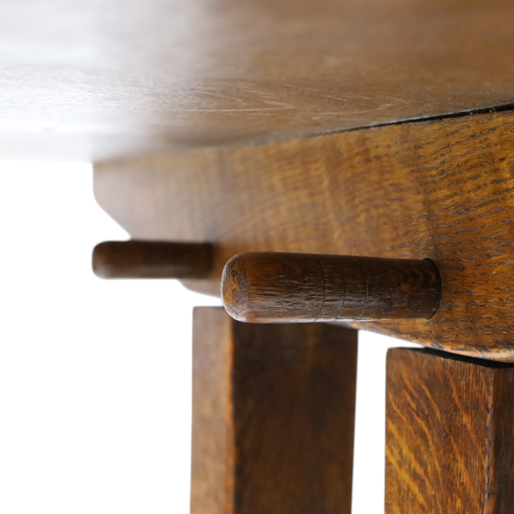 Rupert Griffiths for Monastic Woodcraft - oak 6ft refectory dining table with set six (4+2) matching chairs, rectangular top with arcaded frieze, with trestle base with further arcaded carved stretchers, chairs with carved rails and finials, leather wrapped seats with stud detail, turned supports united by carved stretcher