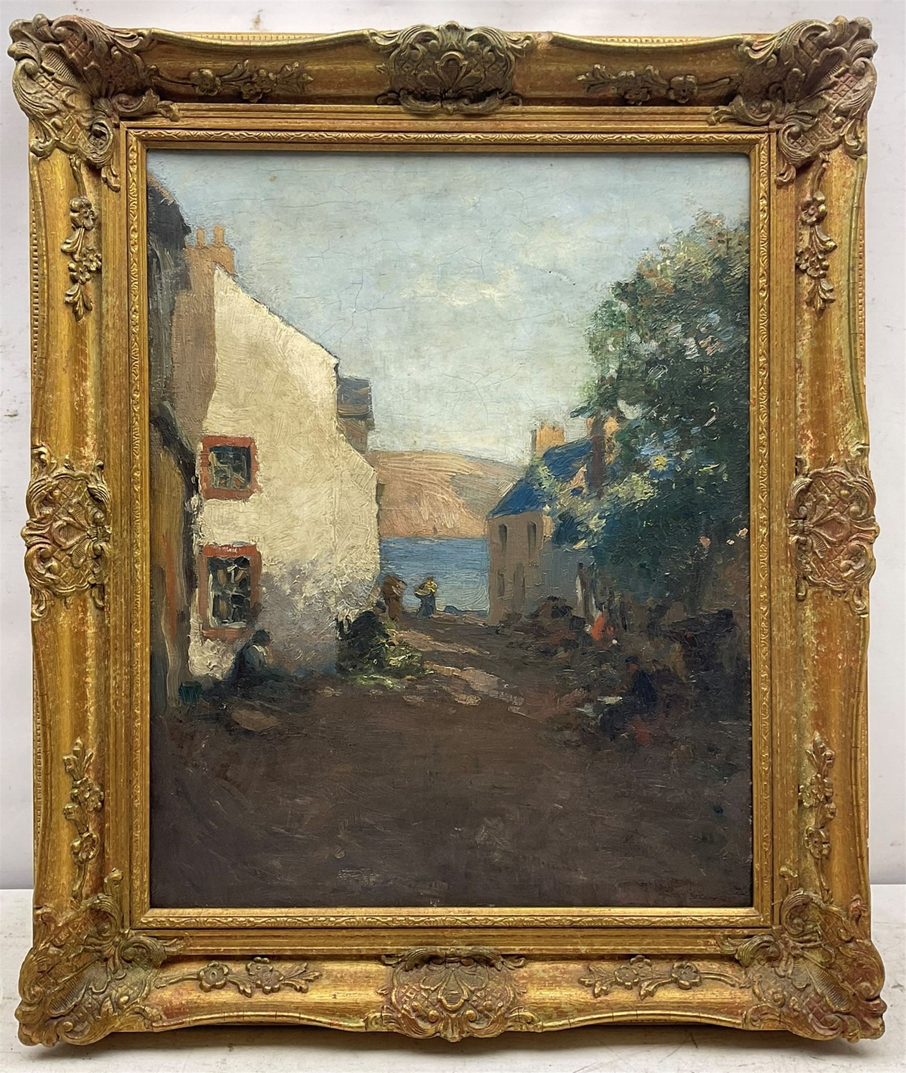 Newlyn School (Early 20th century): Seaside Cottages with Fisherfolk, oil on canvas possibly signed l.r. 49cm x 39cm