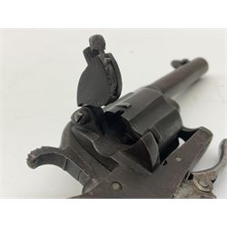 19th century Belgian Flobert 7mm pin-fire revolver with six-shot cylinder, 7cm octagonal to round barrel, folding trigger and walnut stock incorporating ejector rod in butt L18cm overall