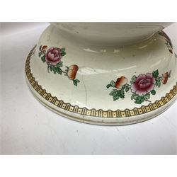 Large ceramic Jardiniere on stand, decorated with an oriental pheasant perched upon branches blossoming with peonies and foliage on white ground, overall H99cm