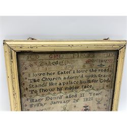 Early 19th century cross stitch sampler, worked by Mary Dennir aged eleven, dated 1821, with a band of alphabet and numbers above religious verse and animal and motifs within floral border, framed, together with a framed religious tapestry, tallest H77cm