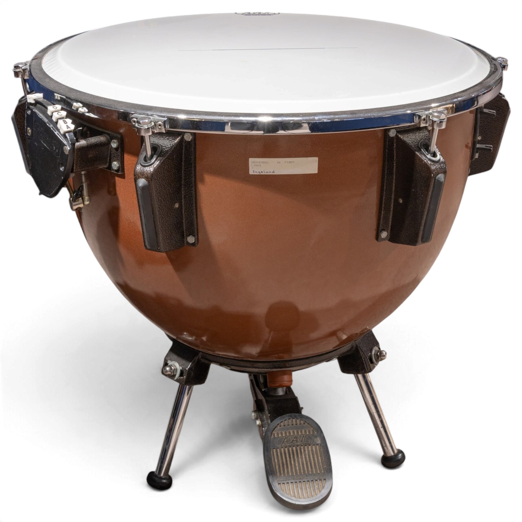 Pair of Adams Universal fibreglass pedal timpani, 29in and 26in, with Remo heads and tuning gauges, with mushroom covers