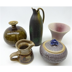  Four pieces of studio pottery Jennifer Jones bulbous vase, Fran Tristram Lady Bay pottery jug, Toff Milway lidded salt glaze bowl, George Wilson vase and Donald Glanville, Tenmoku jug (6)   