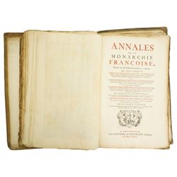 Limiers, Henri-Philippe de - 'Annales de la Monarchie Francoise', published Chez L'Honore & Chatelain Amsterdam  1724, three volumes in one with engraved frontispiece, sixty three full page plates and seven fold out genealogical tables, red and black title pages, full calf