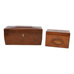 Marquetry inlaid satinwood tea caddy, of rectangular for the hinged cover and front with conch shell motifs, with two compartments, together with a sarcophagus shaped tea caddy