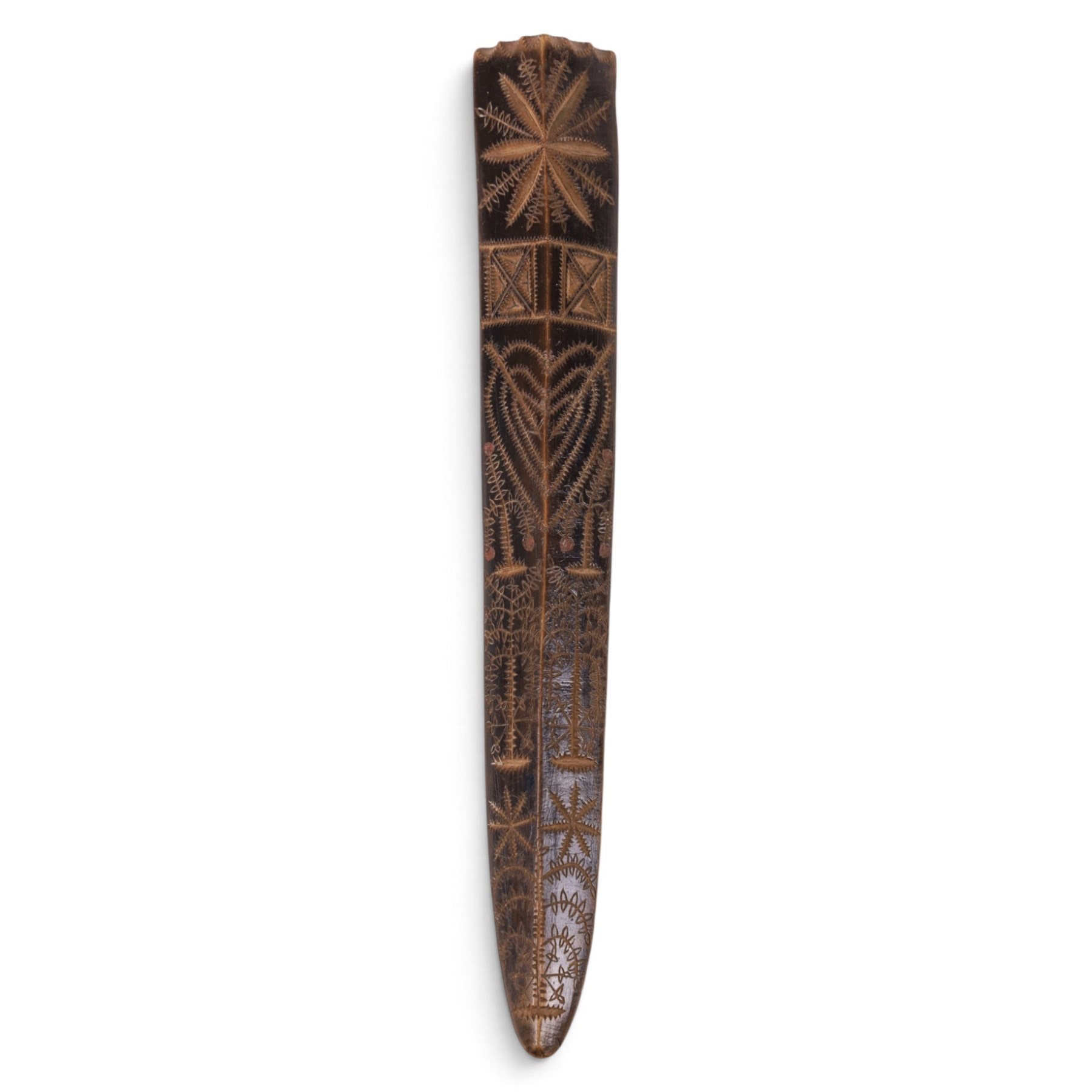 19th century stay busk, of typical triangular form carved with hearts and stylised flowers, with two carving of birds to the verso, L29cm