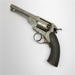 19th century English Kerr's Patent five-shot 54-bore side hammer percussion cap revolver, the 14cm octagonal barrel indistinctly marked to the top 'London Armoury', engraved 'Kerr's Patent 624' on the right frame beneath the cylinder, chequered walnut stock 30cm overall
