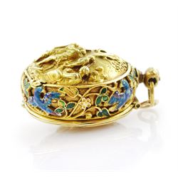 18th century 18ct gold fusee lever full hunter repousse pocket watch with later 19th century modifications to the movement, the 18th century case depicting figures in front of a tree with sheep in the background and enamelled leaf surround, the reverse depicting a classical scene with figures and horses, the side with enamelled bird and foliate decoration, 18th century polychrome dial with gilt hour hand, Roman numerals and quarter hour markers.