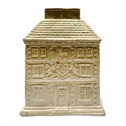 18th century Staffordshire salt glazed stoneware tea caddy, cast as a three story house with British Coat of Arms above the doors front and verso, H12cm