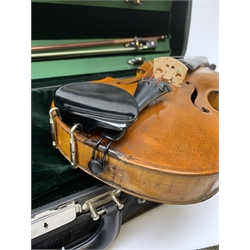 Late 19th century continental violin, possibly Italian, with 36cm two-piece maple back and ribs and spruce top, bears label 'Antonius Stradivarius Anno 1721', 60cm overall; in modern carrying case with silver mounted pernumbuco bow