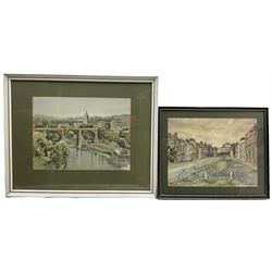 Jane Pearson (Yorkshire 20th century): 'Swaledale' 'Winer in Swaledale' and North Bar Beverley', three ink and watercolours together with a hand finished print of Knaresborough by the same hand max 34cm x 47cm (4)