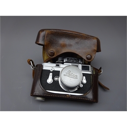  Leica 35mm film camera, Ernst Leitz Wetzlar D.R.P. No.M3-950791, with Ernst Leitz Wetzlar Summicron  f1.5cm 1:2 lens Nr.1479844, Leica lens cover and Leica MC light meter, in leather Leica case  