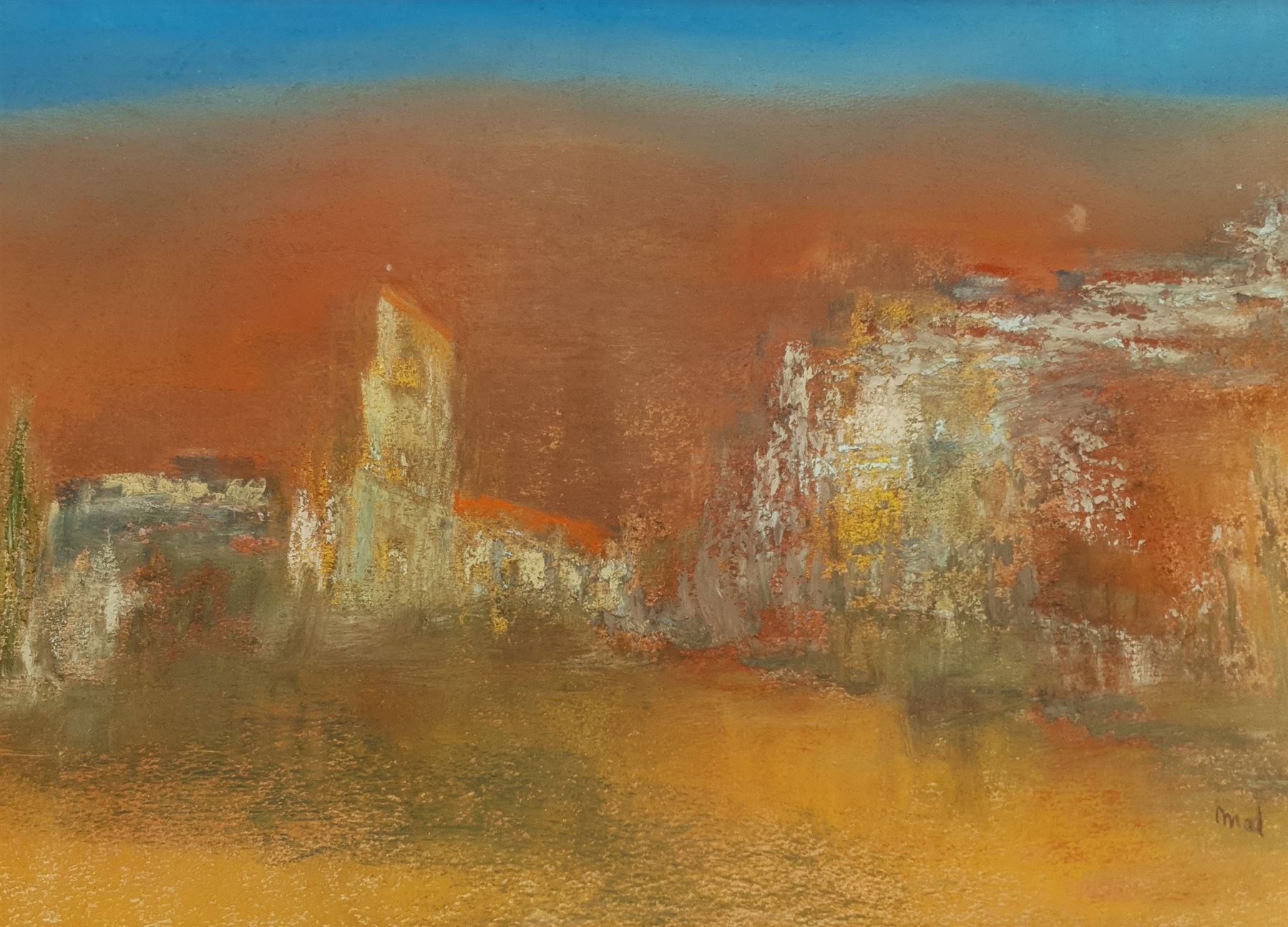 Madeleine Eyland (Belgian/British 1930-2021): 'Deserted Village', pastel signed, titled verso 33cm x 46cm 
Provenance: artist's studio collection. Marie-Madeleine Eyland (neé Legrain) was born in 1930 at Floriffoux, Belgium; she lived most of her life in Scarborough working as a nurse and an artist.