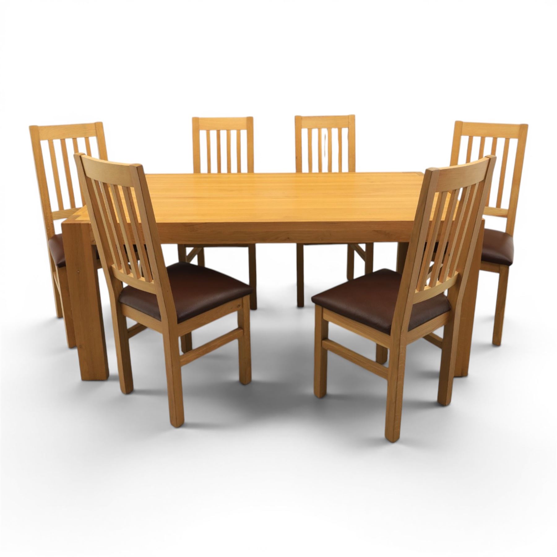 Modern solid oak dining table with set six chairs, chairs with brown leatherette seat