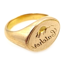  Victorian 18ct gold seal ring 'rat catcher' inscribed Rome Jan:1863, approx 15.2gm  