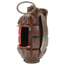 Inert WWII No 36 M Mk 1 Mills hand grenade, cut away with a dummy/replica fuse fitted, marked 'No 36 M Mk1 H LD 1/4.2, H11cm