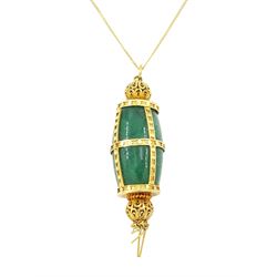 14ct gold jade pendant, with tassel drop, on a 9ct gold trace link chain necklace