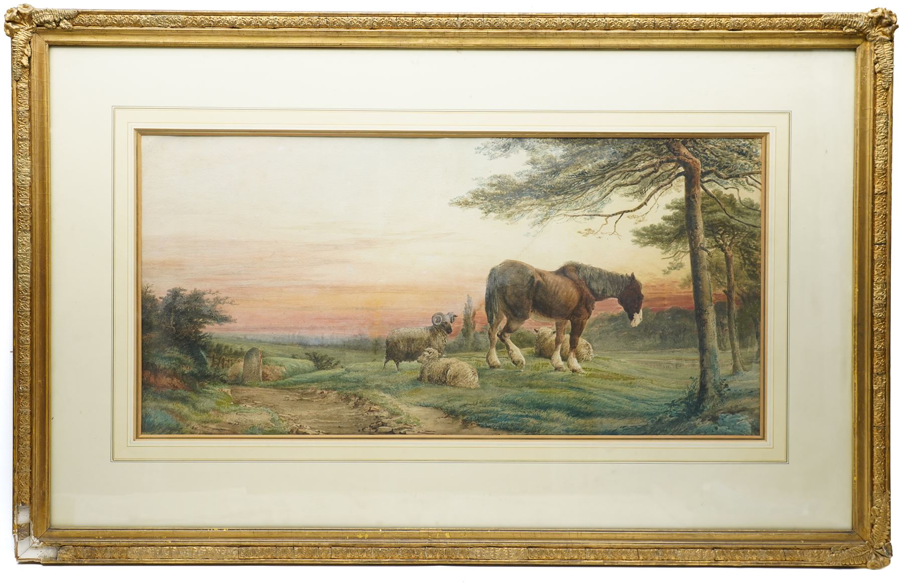 William Henry Pigott (British 1810-1901): Horse Grazing with Seated Sheep, watercolour signed 41cm x 85cm