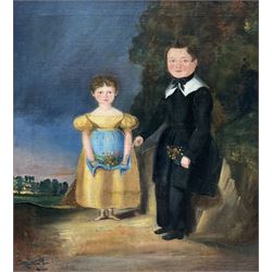 English Naive School (Late 18th century): Full Length Portrait of Young Brother and Sister in Georgian Dress, oil on canvas unsigned 42cm x 38cm