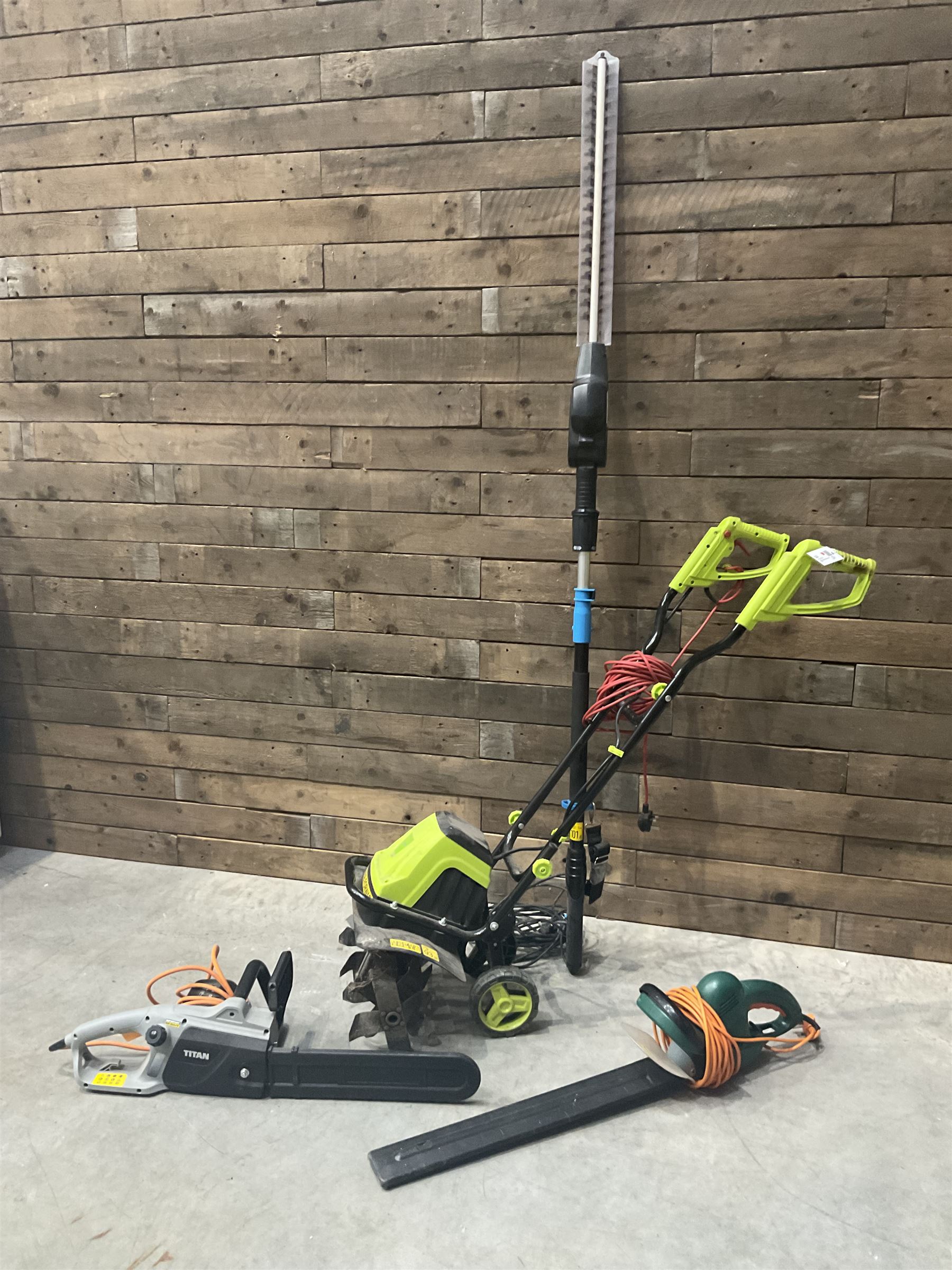 GardenGear electric tiller, MacAllister hedge trimmer, Titan electric chainsaw, and a hedge trimmer