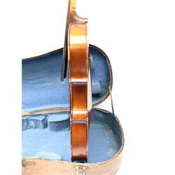 French Medio Fino violin c1920 for restoration and completion with 36cm two-piece maple back and ribs and spruce top, bears label 'Medio Fino' 59cm overall; in wooden carrying case