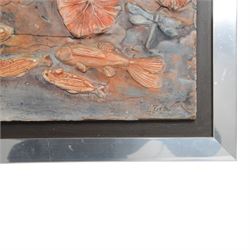 Bernard Rooke (British 1938-): Dragonflies above a Fish Pond, plaster relief, signed, H60cm, W52cm