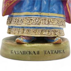 Russian biscuit porcelain figure depicting 'Kazan Tatar' from the Peoples of Russia series, marks for Riga factory 1891-1917, H25cm 