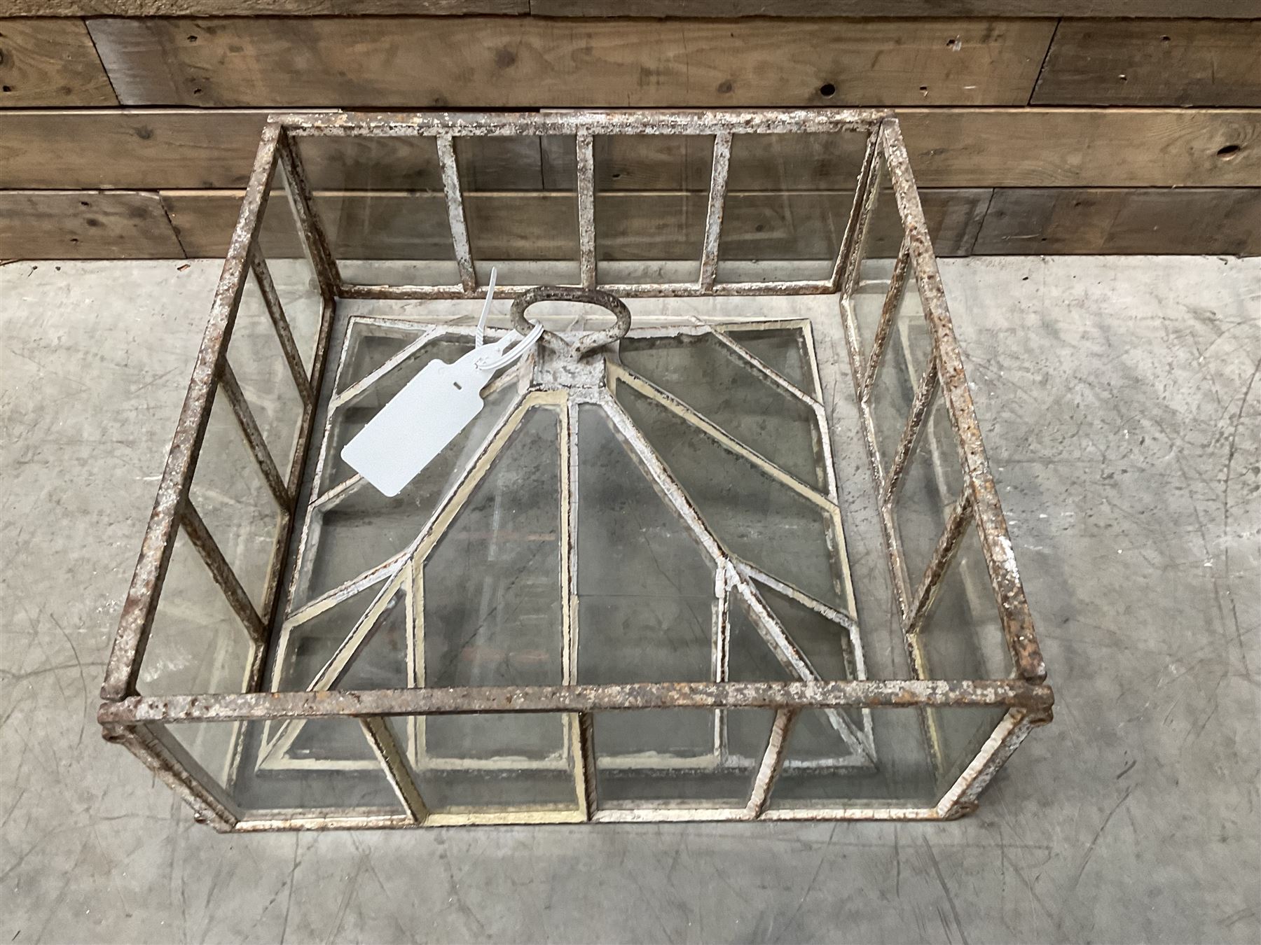 Victorian painted iron framed square garden cloche lantern, with associated sides (larger than the top piece), no fittings