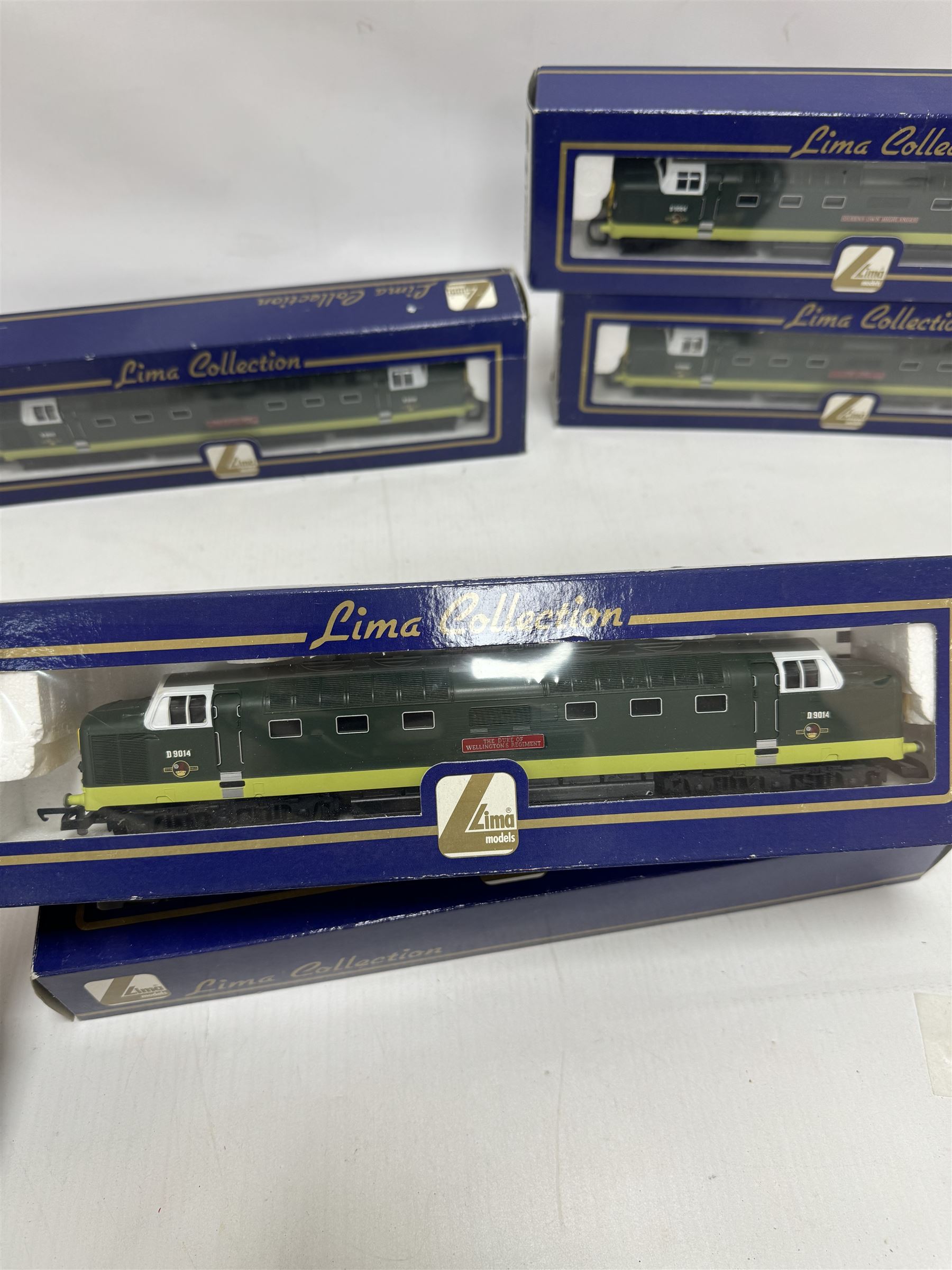 Five Lima ‘00’ gauge Class 55 Co-Co Deltic diesel locomotives, comprising four L204952 examples, including one with original name and number Crepello no. D9012 and three reworked as Argyll & Sutherland Highlander no. D9021, Royal Highlanders Fusilier no. D9019, St Paddy no. D9001 and a L204951The Prince of Wales Own Regiment of Yorkshire no. D9005, all in BR two tone green livery, all boxed 