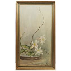 Lewis Creighton (British 1918-1996): Lilies in a Dish, oil on board signed 83cm x 44cm