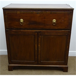  Regency brass inlaid and cross banded mahogany secretaire chest, fall front enclosing fitted interior above two cupboard doors, shaped bracket supports, W109cm, H116cm, D55cm  