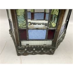 Victorian brass and stained leaded glass hall lantern, of hexagonal form, supported by four domed arms and pierced fret, H46cm W20cm
