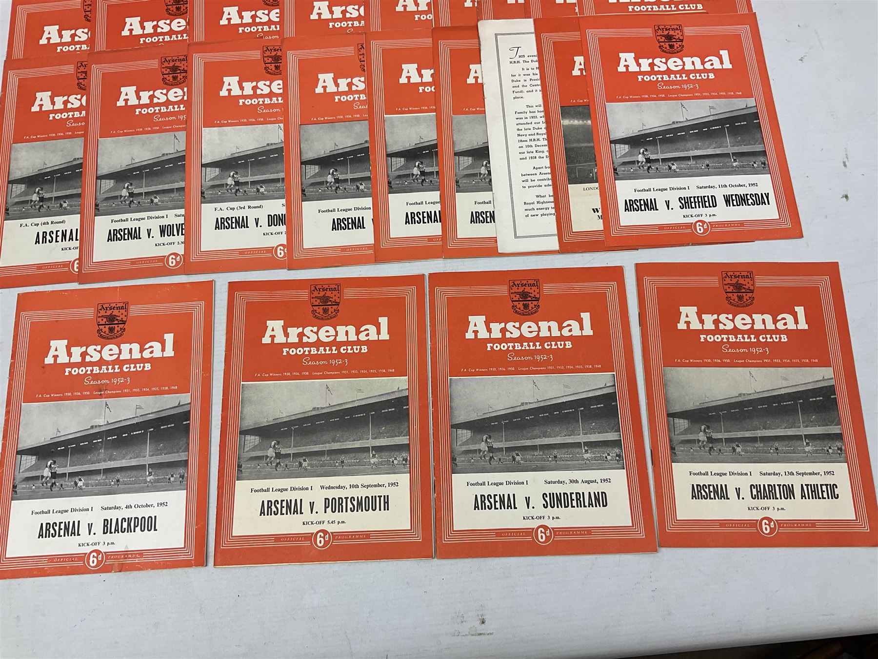 Arsenal F.C. - thirty home programmes for 1951/52 (7) & 1952/53 (23) including Division One, F.A. Cup, London Football Association Challenge Cup, Charity Match, Friendly Match and one duplicate (30)