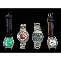 Four Camy wristwatches including two stainless steel automatic Montego and Time Square 44, both with day/date apertures and on original straps and two manual wind's, both on leather straps