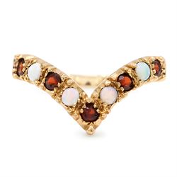 9ct gold garnet and opal wishbone ring, set with alternate round cut garnets and cabochon ...