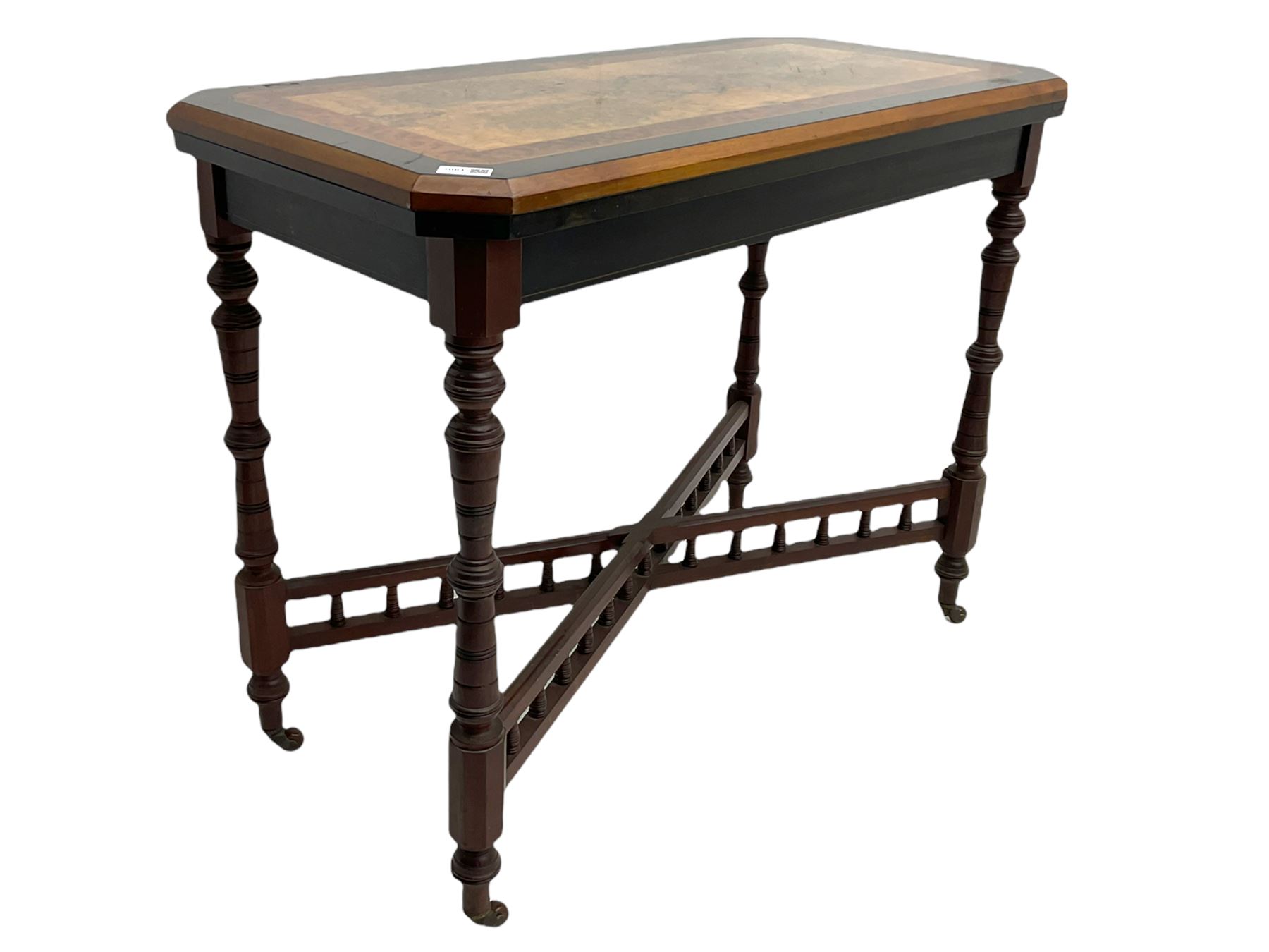 Late Victorian figured walnut and amboyna card-table, rectangular fold over top with baize lining, on turned supports joined by x framed balustrade stretchers
