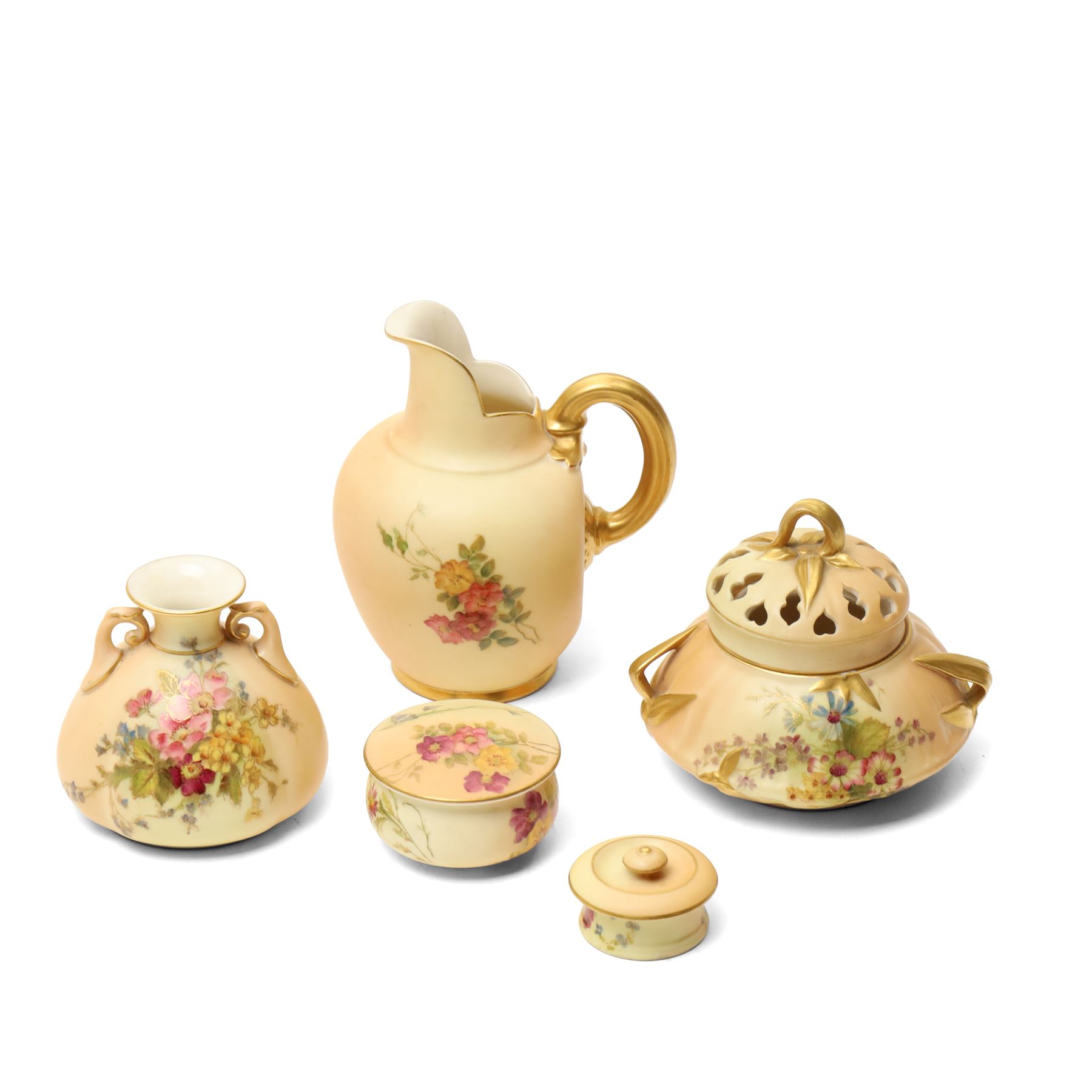 Early 20th century Royal Worcester blush ivory items including jug painted with floral sprays and with gilt handle H14cm, pot pourri with pierced cover, small two handled vase H8cm and two lidded pots (5)