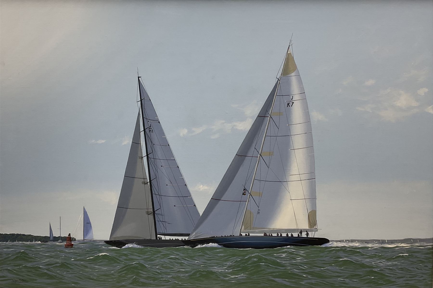 James Miller (British 1962-): J-Class Yachts 'Lionheart' & 'Velsheda' heading for the turning mark, oil on canvas signed, titled verso 59cm x 88cm